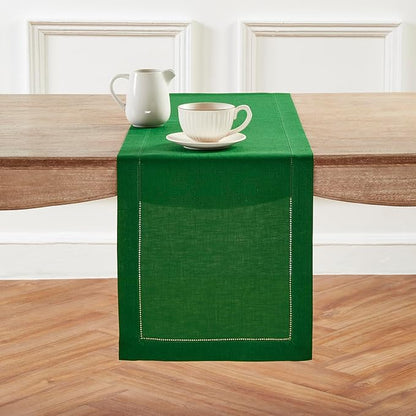 Solino Home Linen Garden Green Table Runner 144 Inches Long - 100% Pure Linen Extra Long Table Runner 14 x 144 Inch for Christmas, Winter, New Year - Classic Hemstitch