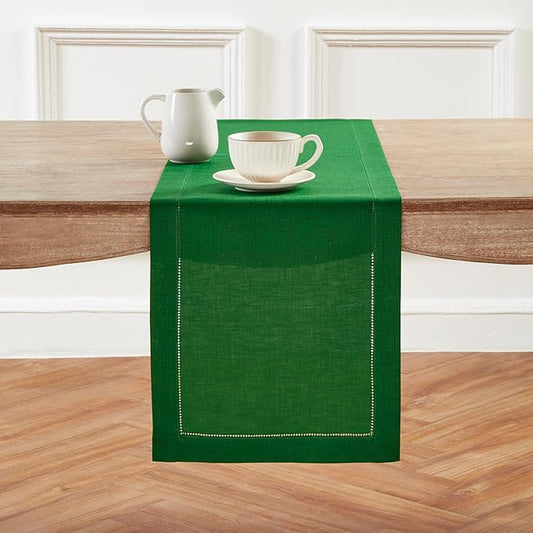 Solino Home Linen Garden Green Table Runner 90 Inches Long - 100% Pure Linen Hemstitch 14 x 90 Inch Table Runner for Dining, Christmas, Winter, New Year - Classic Hemstitch