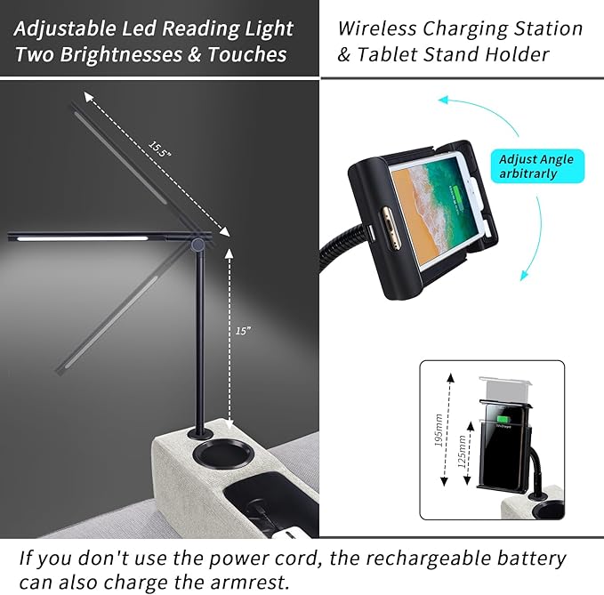 Multifunctional Couch Armrest, Sofa Armrest with Cup Holder, Removable Sofa Caddy with Storage,Equipped with LED Reading Light&Wireless Charge Stand,Almond