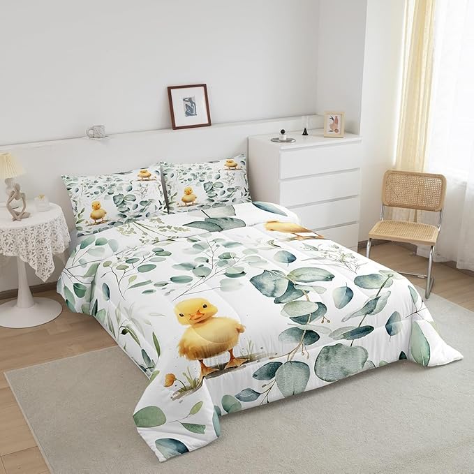Erosebridal Kids Cute Animal King Comforter Set for Girls Boys Cartoon Duck Bedding Set King, Spring Eucalyptus Bedding Comforter Sets Watercolor Leaves Duvet Set, Kawaii Farm Animal Quilted Comforter