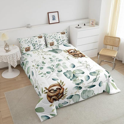 Erosebridal Girls Kawaii Animal Full Comforter Set Cute Sloth Bedding Set Full, Cartoon Wildlife Bedding Comforter Sets Green Leaf Duvet Set, Spring Plant Quilted Comforter Child Kids Bedroom Decor