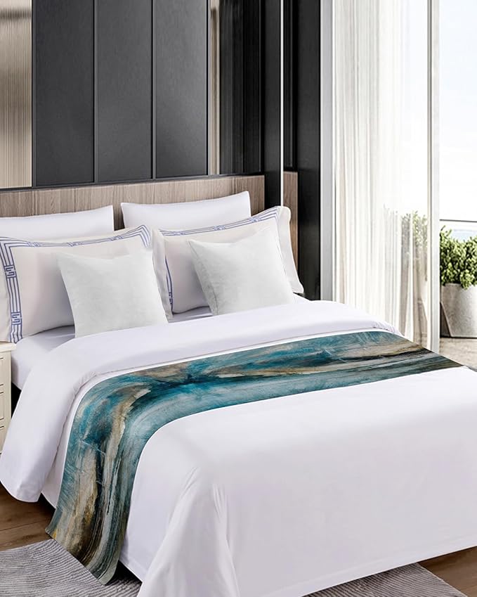 Abstract Mottled Turquoise Green Gray Art Bed Runners for Bedroom Hotel,Decorative Bedding Scarf Retro Painting Bed End Blanket Bedding Runner Scarves for King Size Bed,102x20in