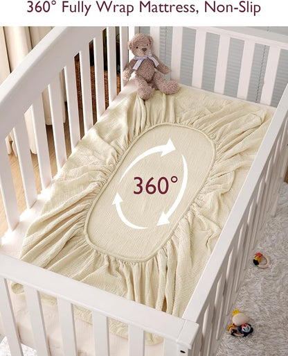 Momcozy Muslin Standard Fitted Crib Sheets, 52"x28", 2 Pack Soft Breathable Natural Cotton Baby Mattress Sheet, 360° Mattress Wrapping No Slip Boys Girls Neutral Toddler Bed Sheet, Beige Coffee Red