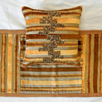 The HomeCentric King/Queen/Twin Gold & Brown Decorative Twin 53"x18" Bed Runner with One Pillow Cover, Striped, Beadwork & Handmade Bed Scarf on Velvet Fabric - Streamlined