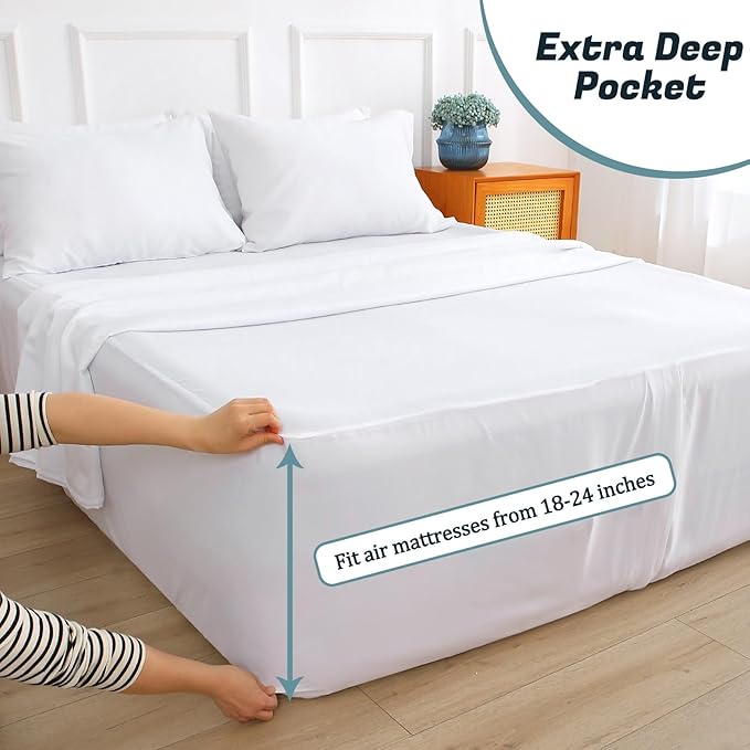 Extra Deep Pocket Full Sheet Set for Air Mattress, 6 Piece Air Bed Sheets Set with 18-24 Inches Depth, Soft & Breathable Inflatable Bed Sheet Set with Flat Sheet, Fitted Sheet and Pillowcases, White