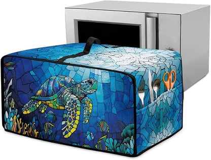Glass Painting Sea Turtle Print Microwave Oven Cover Dustproof Toaster Oven Cover Large Size Foldable Kitchen Appliance Protector with Storage Bag Machine Washable, M