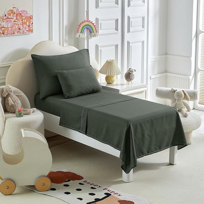 Toddler Bedding Set - 5 Piece Soft and Breathable Toddler Bed Set for Boys and Girls, Includes Quilted Comforter, Fitted Sheet, Flat Top Sheet, Standard Pillowcase and Toddler Pillowcase, Dark Green