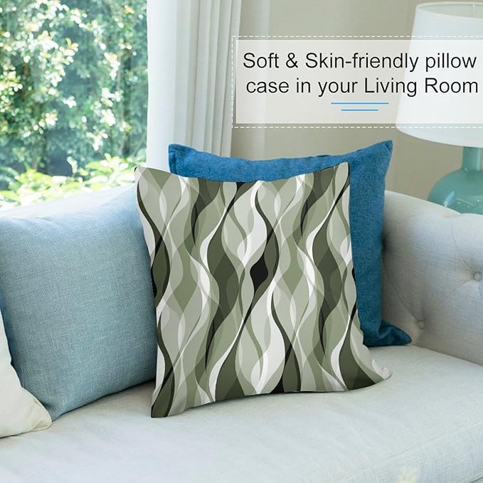 Sage Green Throw Pillow Covers Abstract Ombre Green and Grey Striped Decorations for Bedroom Living Room Farmhouse Sofa Pillows Bed Couch 16x16 Inch