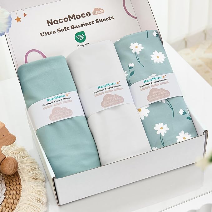 3 Pack Soft Bassinet Sheets - 35"x20" Bedside Bassinet Sheets for for Newton, Ezebaby, AMKE(3 in 1) & Other Large Bedside Sleeper | Breathable & Skin Friendly Bassinet Fitted Sheets for Girls, Green