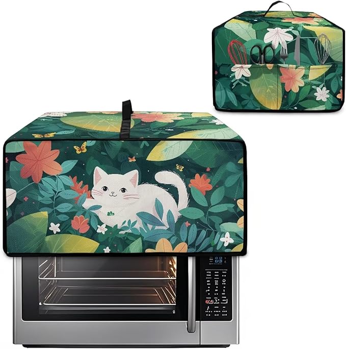 Air Fryer Toaster Oven Dust Cover Protective Convection Oven Cover with Pockets and Handle for Kitchen Countertop, M, 16.5 x 20.5 x 10 Inches, White Cat Green Leaf Flower