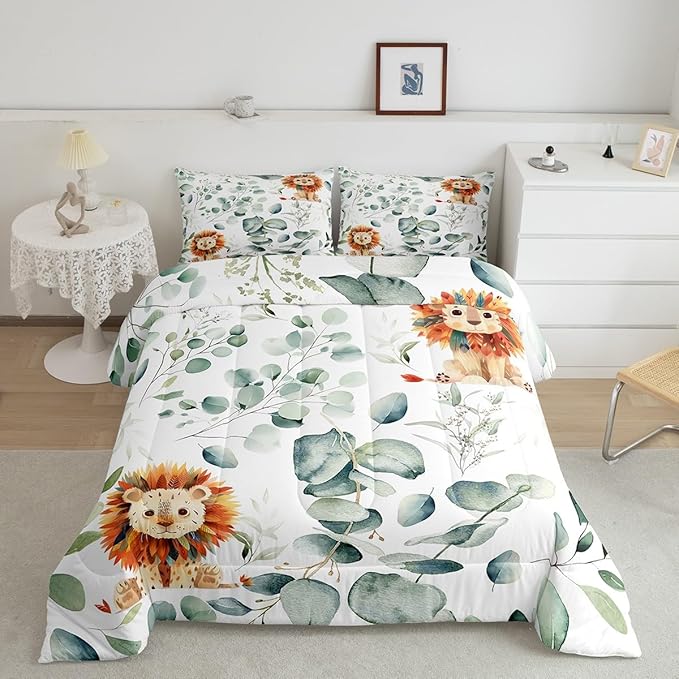 Erosebridal Cute Lion Queen Bedding Sets for Kids Child Green Eucalyptus Comforter Set, Woodland Animal Down Comforter Botanical Plant Leaves Bedding Comforter Sets, Cartoon Wildlife Duvet Insert