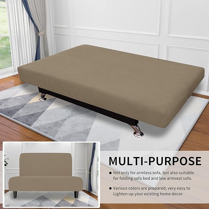 Easy-Going Stretch Futon Slipcover Armless Futon Bed Cover Furniture Protector Without Armrests with Elastic Bottom for Kids, Soft Jacquard Fabric Small Checks (Medium, Natural)