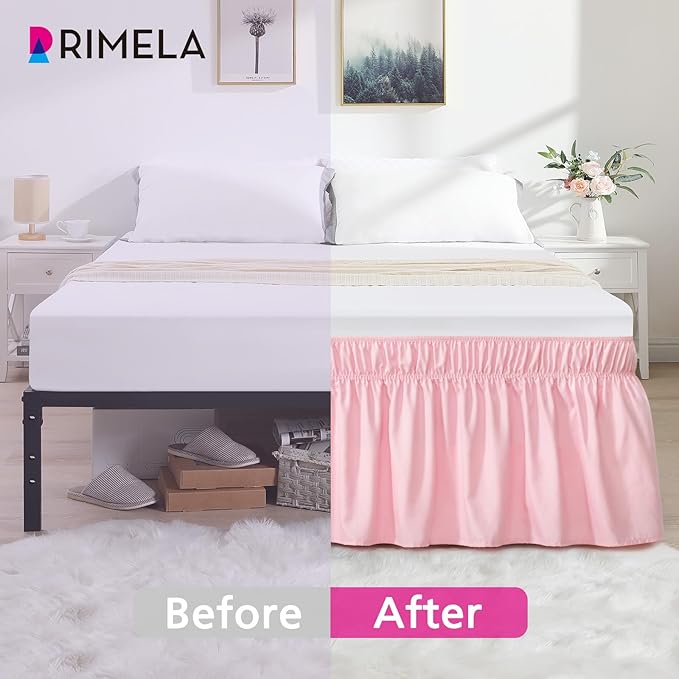 RIMELA Pink Bed Skirt Queen Size 15 Inch Drop Elastic Wrap Around Dust Ruffle Solid Bedding Bedskirt Soft Microfiber Fabric Machine Washable Easy to Install