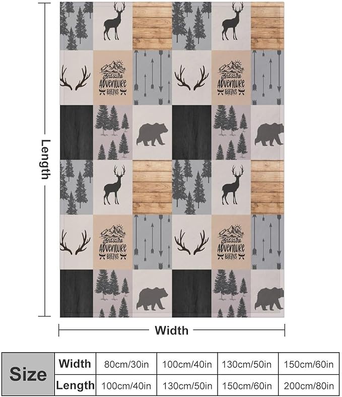 Rustic Cabin Throw Blanket, Retro Camping Bear Deer Farmhouse Wildlife Tree Forest Brown Gray Print Warm Flannel Blanket for Bedroom Camping Travel, 30"x40"