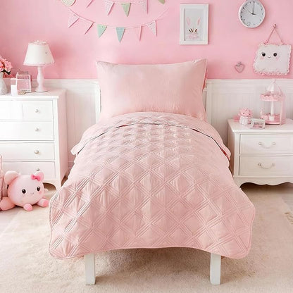 4 Piece Toddler Bedding Set for Girls Pink Geometric Stitched Soft Microfiber Crib Bed Sheets Set Lightweight Quilted Comforter Set for Baby | Include Comforter, Flat Sheet, Fitted Sheet, Pillowcase