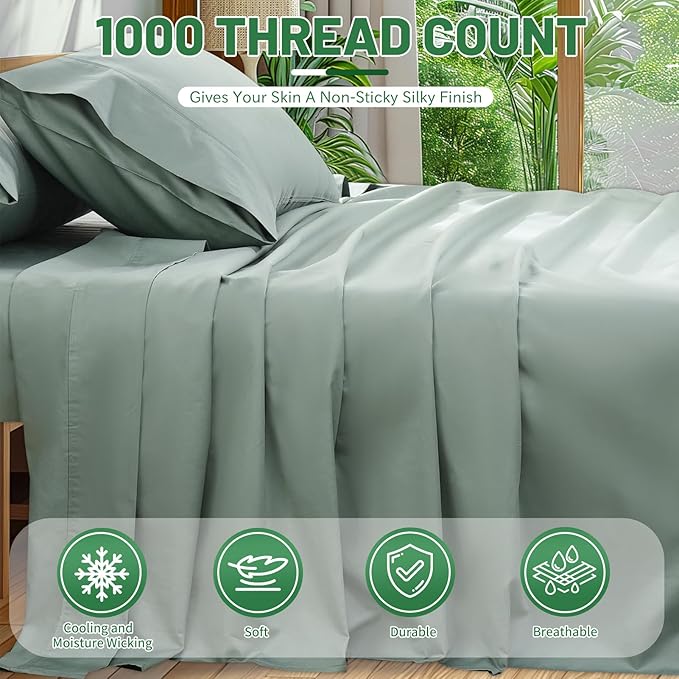 1000 Thread Count Egyptian Cotton Sheets Queen Size Set 4PCS Sateen Weave Soft Breathable 16-Inch Deep Pocket（Queen,Sage Green）