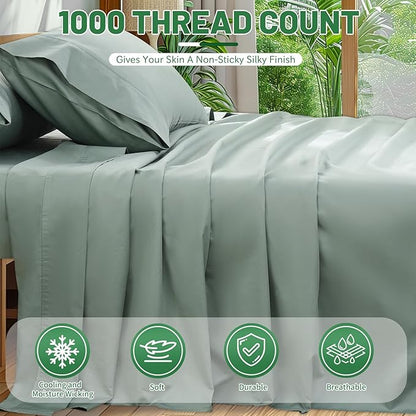 100% Egyptian Cotton Sheets Cal King Sheet Set 4PCS 1000 Thread Count Sateen Weave Soft Breathable 16-Inch Deep Pocket（California King,Sage Green）