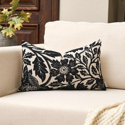 Yangest Chenille Floral Pillow Cover 12 x 20 Inches, Neutral Jacquard Rectangle Throw Pillow Cover Soft Decorative Nature Accent Couch Pillow Cover for Living Room Bedroom, Black