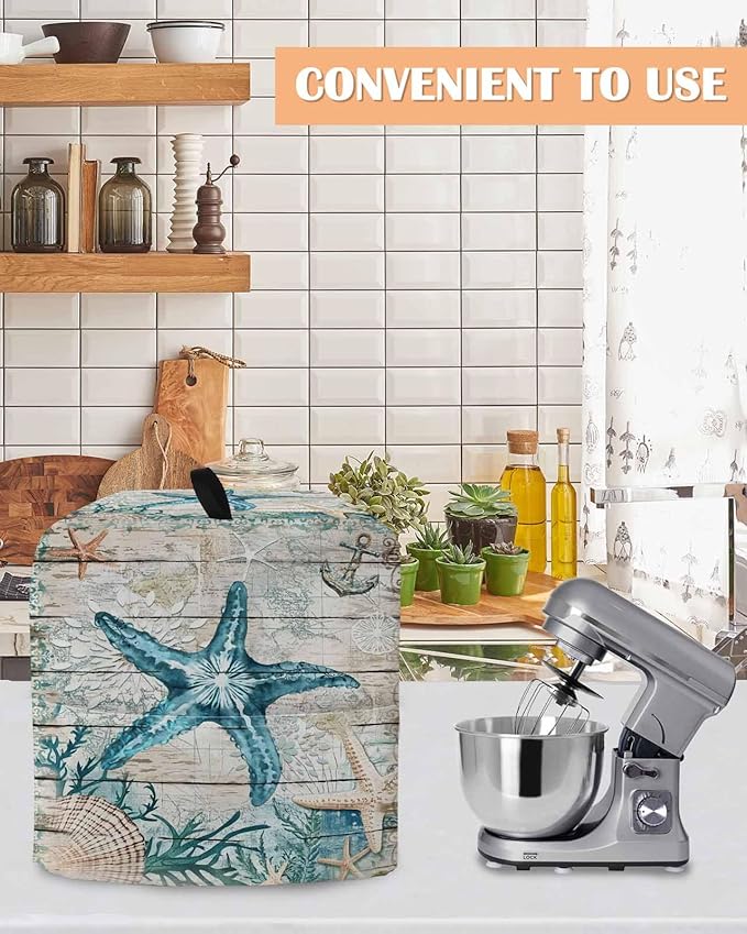 Turquoise Starfish Stand Mixer Dust Cover with Storage Pocket & Handles, Fits All Tilt Head & Bowl Lift Coastal Shells Kitchen Appliance Cover Organizer Nautical Anchor Wood Bag Accessories, 6-8 Quart