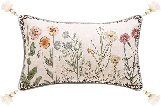 ISAENNE Design Linen Throw Pillow Covers 12"x20", Lumbar Farmhouse Cushion Covers with Yellow Purple Watercolor Wildflower Pattern Decor Pillowcases for Bed,Living Room,Outdoor,Car