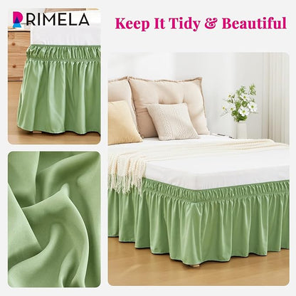 RIMELA Light Green Bed Skirt Queen Size 15 Inch Drop, Elastic Bed Skirting, Bedding Dust Ruffle Easy to Install, Wrap Around Bedskirt, Bedroom Decor