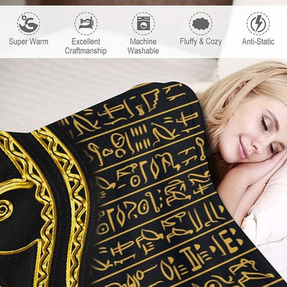 Ancient Egyptian Blanket, Egyptian Eye of Horus Ancient Culture Golden Egyptian Hieroglyphs Alphabet Print Blankets for Couch Sofa Bed Boys Mens, 60"x80"