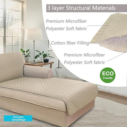 U-NICE HOME Sectional Couch Cover for Dogs Chaise Lounge Reversible Sofa Cover Furniture Protector Cover for Pets with Elastic Adjustable Strap (Chaise Lounge, Sand/Beige)