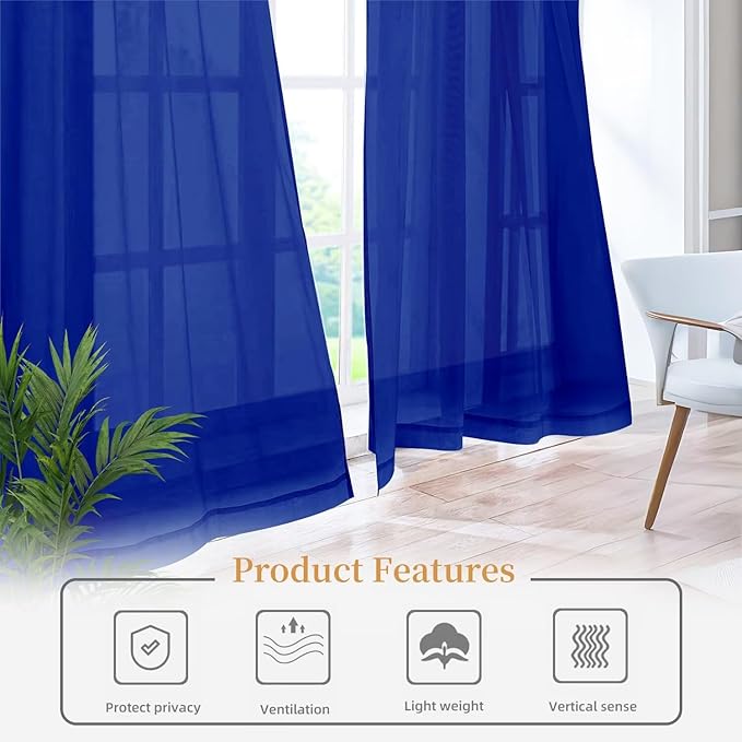 Sheer Curtains 45 Inches Long 2 Panels, Rod Pocket Short Curtain for Kitchen, Bedroom, Cafe Window(Blue Sapphire 38" W x 45" L)