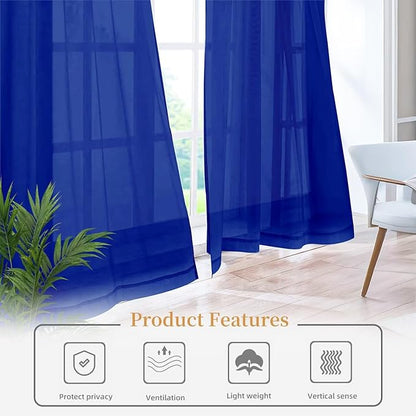 Sheer Curtains 72 Inches Long 2 Panels, Rod Pocket Short Curtain for Kitchen, Bedroom, Cafe Window(Blue Sapphire 38" W x 72" L)