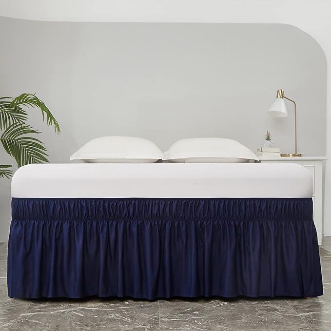 MEILA Wrap Around Bed Skirt Three Fabric Sides Elastic Dust Ruffled 24 Inch Tailored Drop,Easy to Install Fade Resistant-Navy Blue, Queen/King