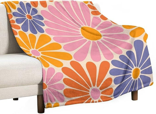 1970s Hippie Floral Throw Blanket, Retro Orange Pink Blue Flower Boho Groovy Daisy Flowers Comfortable Blanket for Couch Sofa Couch Chair 50"x60"
