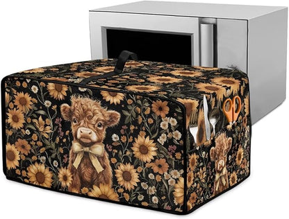 Cute Highland Cattle Print Toaster Oven Cover Heavy Duty Microwave Oven Dust Cover Sunflower Daisy Print Dust-Proof Universal Kitchen Machine Covers Suitable for Most Microwave Ovens, L