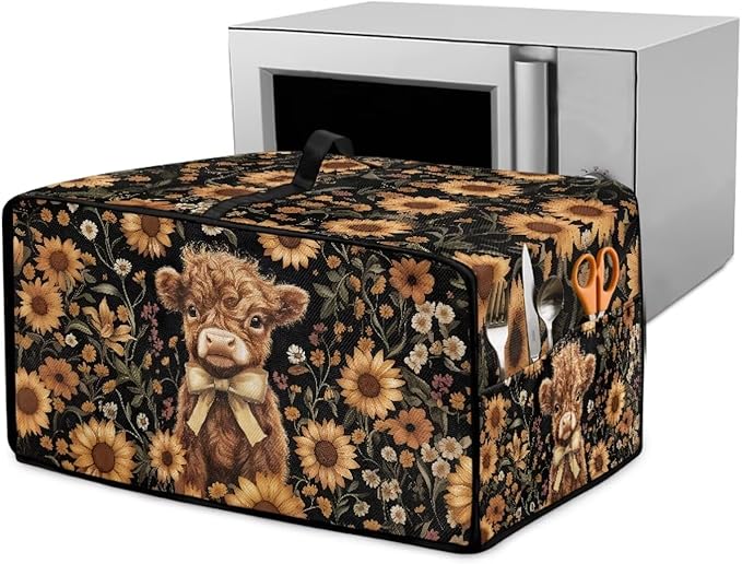Cute Highland Cattle Print Toaster Oven Cover Heavy Duty Microwave Oven Dust Cover Sunflower Daisy Print Dust-Proof Universal Kitchen Machine Covers Suitable for Most Microwave Ovens, M