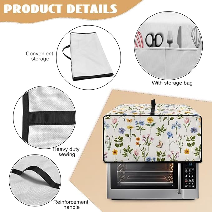 Toaster Oven Dust Cover with Side Pockets, Washable Convection Oven Cover Small Electric Appliance Protector for Kitchen Home Decor, S, Floral Butterfly Cream White