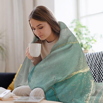 Abstract Marble Blanket, Modern Luxury Baroque Golden Lake Green Stone Veins Pattern Soft Warm Cozy Plush Flannel Covers for Livingroom Bedroom Couch Chair Camping Travel Home Decor Tapestry 60x80in