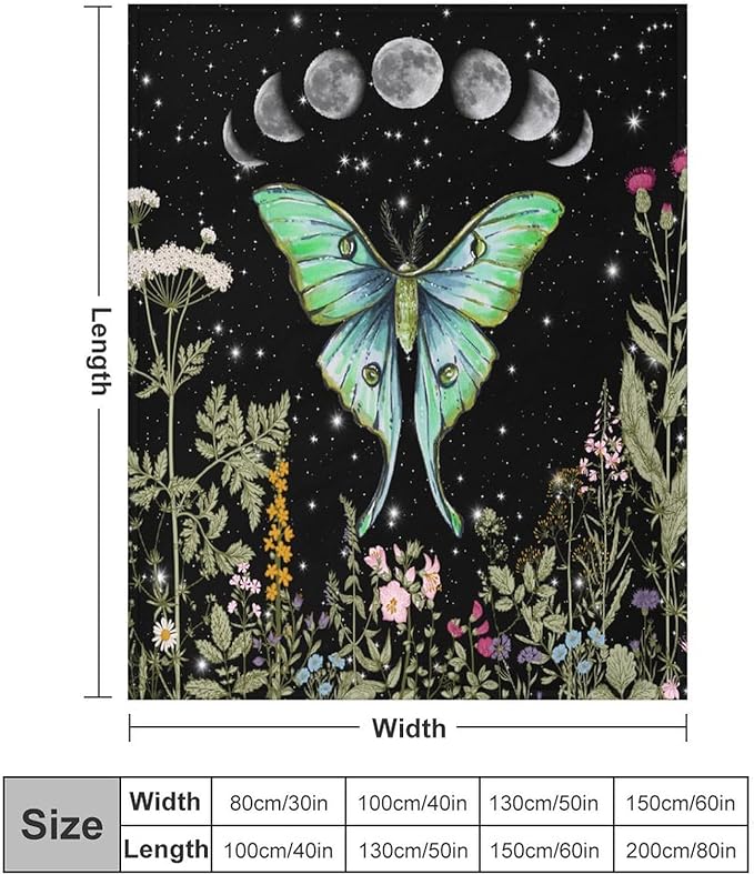 Moth Floral Flannel Blanket, Gothic Witchy Moon Phase Botanical Vintage Wildflower Plantsprint Soft Warm Fuzzy Throw Blanket for Couch Sofa Office Bed, 40"x50"