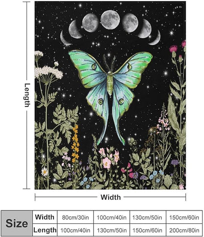 Moth Floral Flannel Blanket, Gothic Witchy Moon Phase Botanical Vintage Wildflower Plantsprint Soft Warm Fuzzy Throw Blanket for Couch Sofa Office Bed, 40"x50"