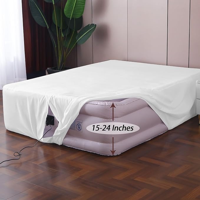Twin Fitted Sheet for Air Mattress,with 24 Inch Extra Deep Pockets,Ultra Soft Durable Breathable Bed Sheets Cover for Inflatable Air Bed,with Pump Opening,Inflate at Any Time-White