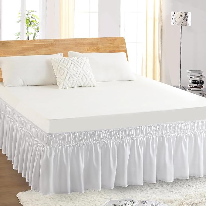 King Bed Skirt, Elastic Wrap Around Bed Skirt King Size, Bed Skirts for Adjustable Bed, Easy Fit with 14" Drop Length Tailored Drop Dust Ruffle (White)