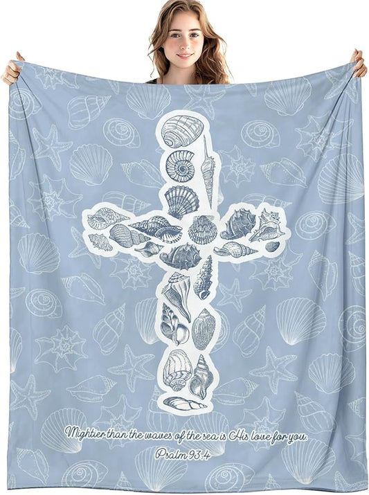 Blue Christian Blanket, Beach Seashell Cross Bible Verse Throw Blankets for Home Bedroom Living Room Couch Bed Decor, Religious Scripture Blanket, Christian Gifts for Women Men, 50x60 Inch