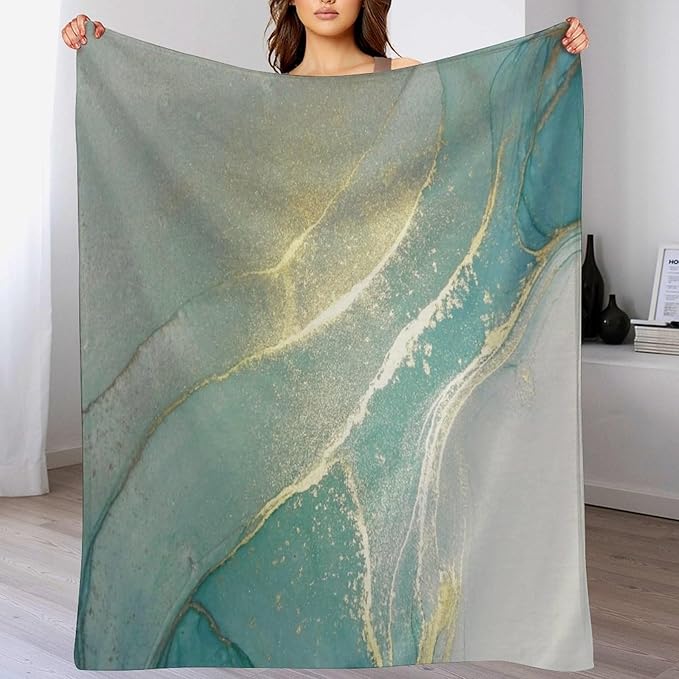 Abstract Marble Blanket, Modern Luxury Baroque Golden Lake Green Stone Veins Pattern Soft Warm Cozy Plush Flannel Covers for Livingroom Bedroom Couch Chair Camping Travel Home Decor Tapestry 40x50in