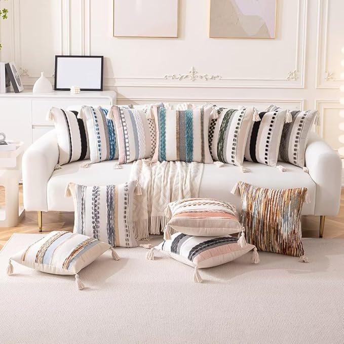 Boho Throw Pillow Covers 18x18 Set of 2 Woven Tufted Farmhouse Pillows Cover with Tassels Textured Striped Cushion Case Neutral Pillow Cases Decorative Pillowcase for Sofa Couch Bed,Blue
