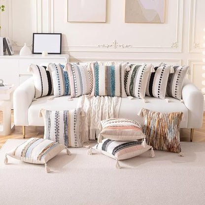Boho Throw Pillow Covers 18x18 Set of 2 Woven Tufted Farmhouse Pillows Cover with Tassels Textured Striped Cushion Case Neutral Pillow Cases Decorative Pillowcase for Couch Bed,Sky Blue