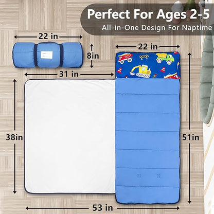 Primlect Lightweight Toddler Nap Mat Perfect for Warm Sleepers, Portable Sleeping Bag with Removable Pillow and Fleece Blanket, Washable, Great for 3 Seasons, Daycare, Preschool, Boy and Girls