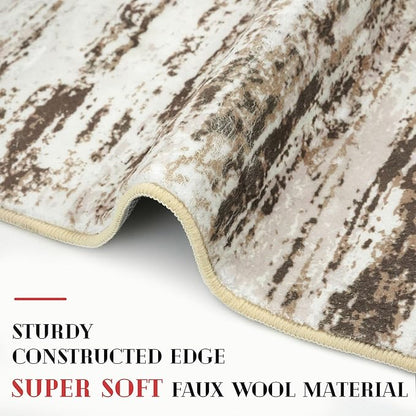 Modern Abstract Small Area Rug Indoor 3x5 Washable Rug Non-Slip Soft Entryway Rug Beige Kitchen Mats Thin Print Faux Wool Floor Carpet Throw Rugs for Entrance Bedroom Office Home Decor