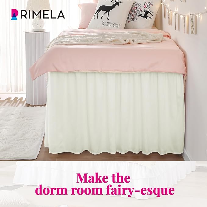 RIMELA Cream Dorm Bed Skirt Twin XL 32 Inch Drop, Easy to Install Extra Long Wrap Around Elastic Dust Ruffle, Bedskirt Silky Fabric Machine Washable (Twin XL 80“L x 39”W & Twin 75“L x 39”W)