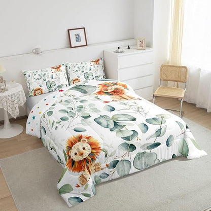 Erosebridal Cute Lion Queen Bedding Sets for Kids Child Green Eucalyptus Comforter Set, Woodland Animal Down Comforter Botanical Plant Leaves Bedding Comforter Sets, Cartoon Wildlife Duvet Insert