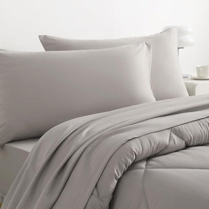 NTBAY Twin Comforter Set with Sheets, 5 Pieces Soft and Breathable Twin Bedding Set, Bed in a Bag, Down Alternative Comforter Set Solid Color All Season, Kids Bedding Set, Smoke Grey