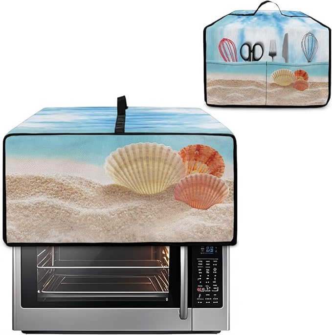 Toaster Oven Dust Cover Protective Microwave Oven Cover with Pockets, Small Appliance Decor for Kitchen Countertop, S, Beach Seashell