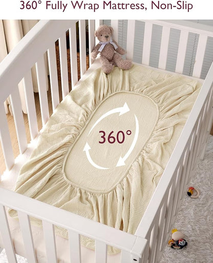 Momcozy Muslin Standard Fitted Crib Sheets, 52"x28", 2 Pack Soft Breathable Natural Cotton Baby Mattress Sheet, 360° Mattress Wrapping No Slip Boys Girls Neutral Toddler Bed Sheet, Beige Blush